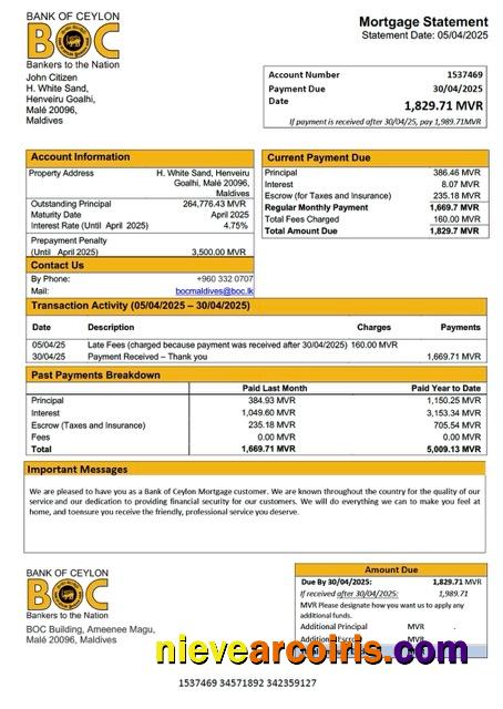 Maldives Bank of Ceylon mortgage statement Word and PDF template